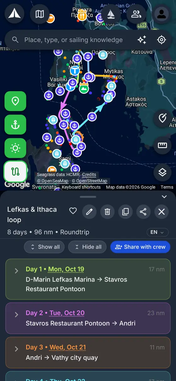 My First Mate's map with an 8-day itinerary around Lefkas and Ithaca: each day's leg in its own colour, beside the day-by-day list